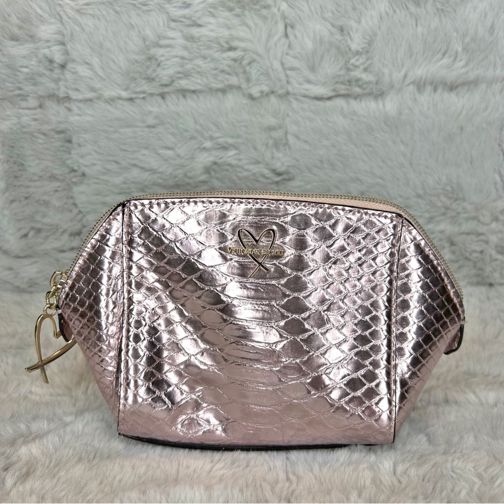 Victoria’s Secret Small Metallic Pink Snakeskin Zip Closure Cosmetic Makeup Bag